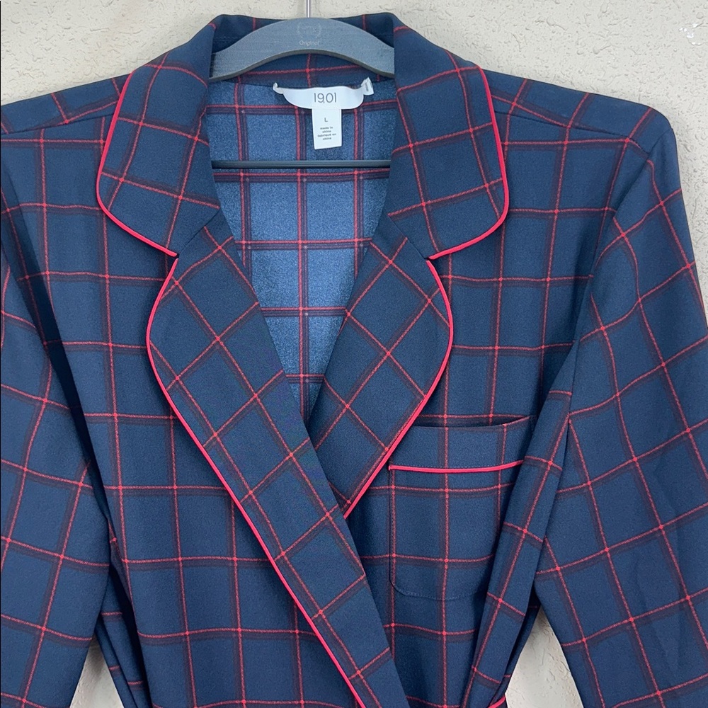 1901 Nordstrom Navy Blue Red Windowpane Plaid Longline Blazer dress Piping L - Picture 3 of 10